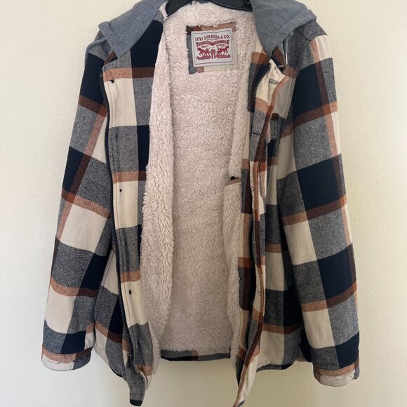 LEVIS MENS FLANNEL JACKET ZIP UP AND BUTON UP FLEECE HOODIE BROWN PLAID SZ S - Picture 11 of 11